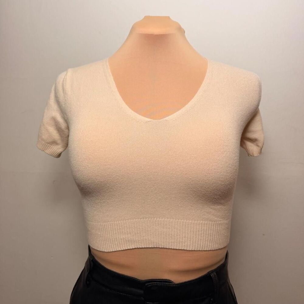 Brandy Melville John Gault Cream Knit Crop Short Sleeve Sweater Top Est Size S